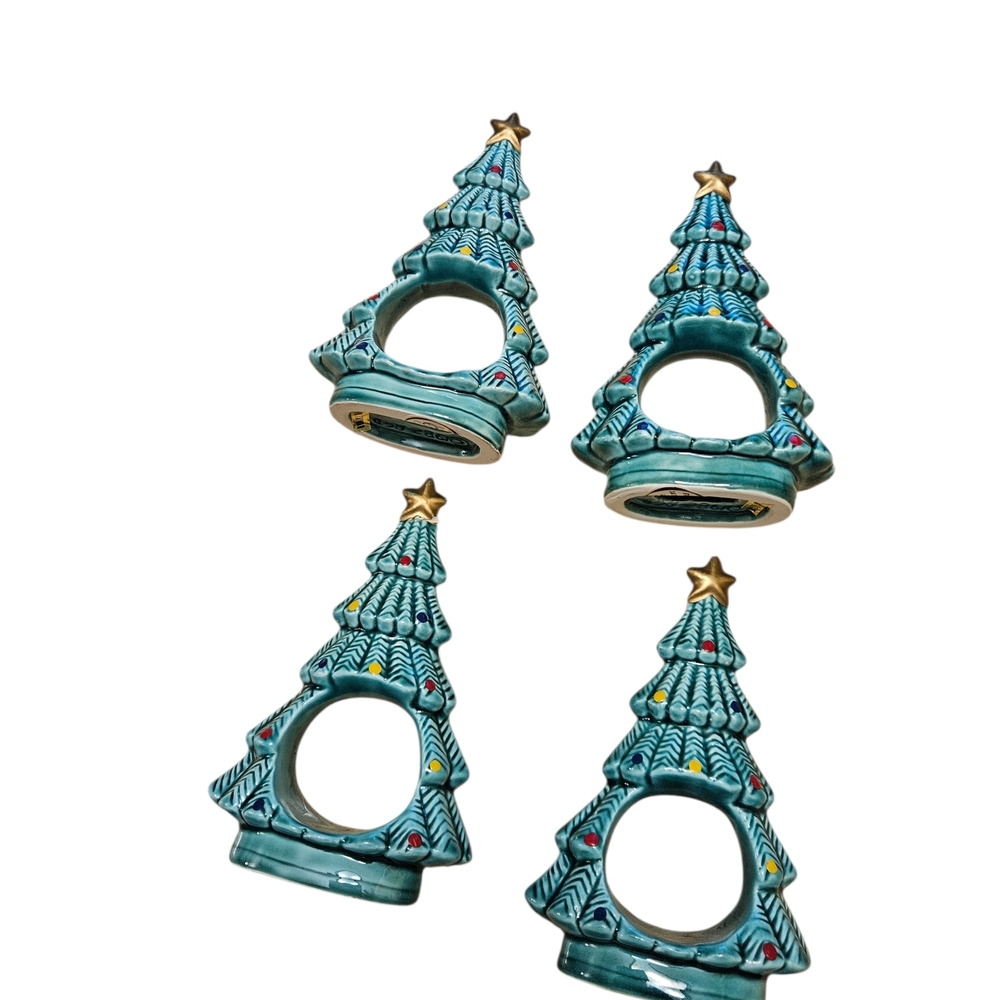 Vintage 1982 Ron Gordon Christmas Tree Napkin Rings Set 4 New In Box